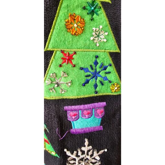 Vintage Christmas‎ Trees Cardigan Sweater 3D Jeweled Embroidered Applique Small - Picture 3 of 12
